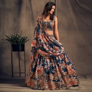 Lehenga Choli w/dupatta -blue pink floral